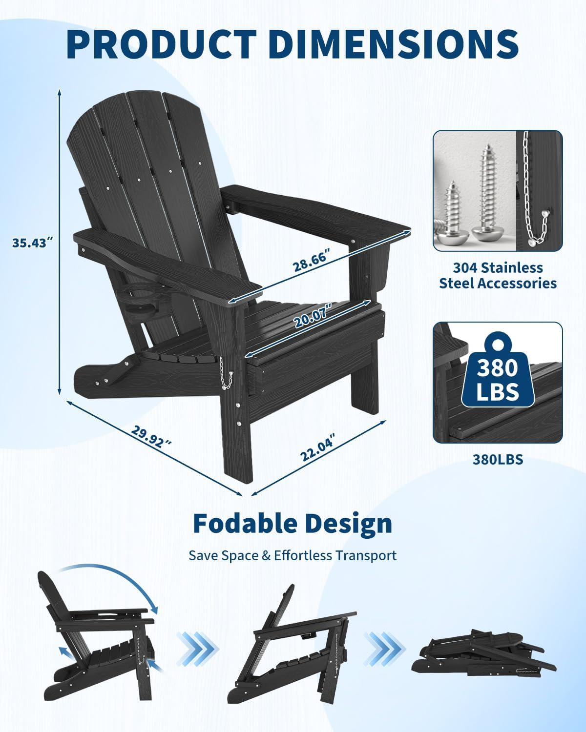 Folding Adirondack Chair Set of 2, All-Weather HDPE Outdoor Chair, Wooden Textured with Cup Holder for patios, Decks, Gardens, fire pits, Black
