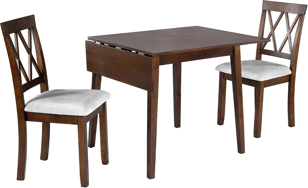 LUMISOL 3 Piece Drop Leaf Dining Table Set with 2 Chairs, Solid Wood Extensible Counter Height Bar Table Set for Small Places, Brown