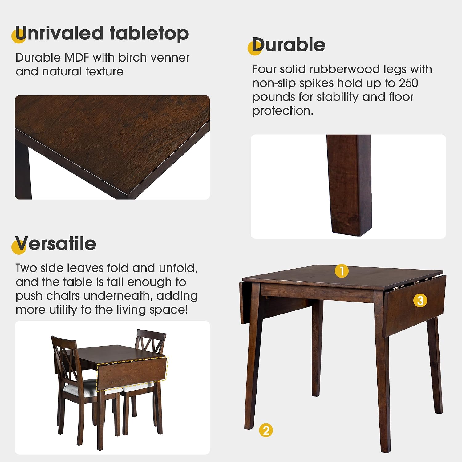 LUMISOL 3 Piece Drop Leaf Dining Table Set with 2 Chairs, Solid Wood Extensible Counter Height Bar Table Set for Small Places, Brown