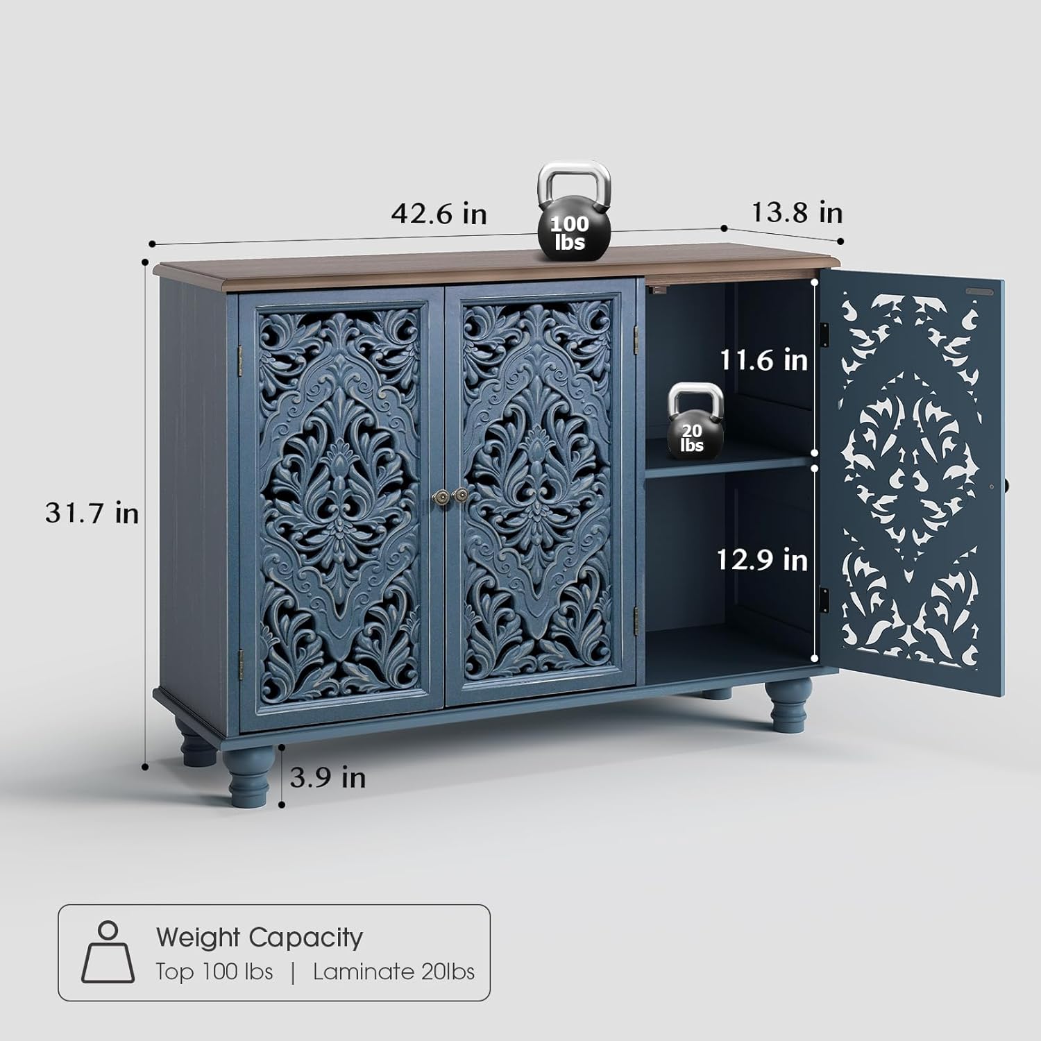 JOINICE Accent Cabinet with 3 Carved Doors, Distressed Sideboard Buffet with Storage & Solid Wood Legs, 43' Vintage Console Table for Living Room,Entryway,Coffee Bar,Hallway(Blue & Walnut)