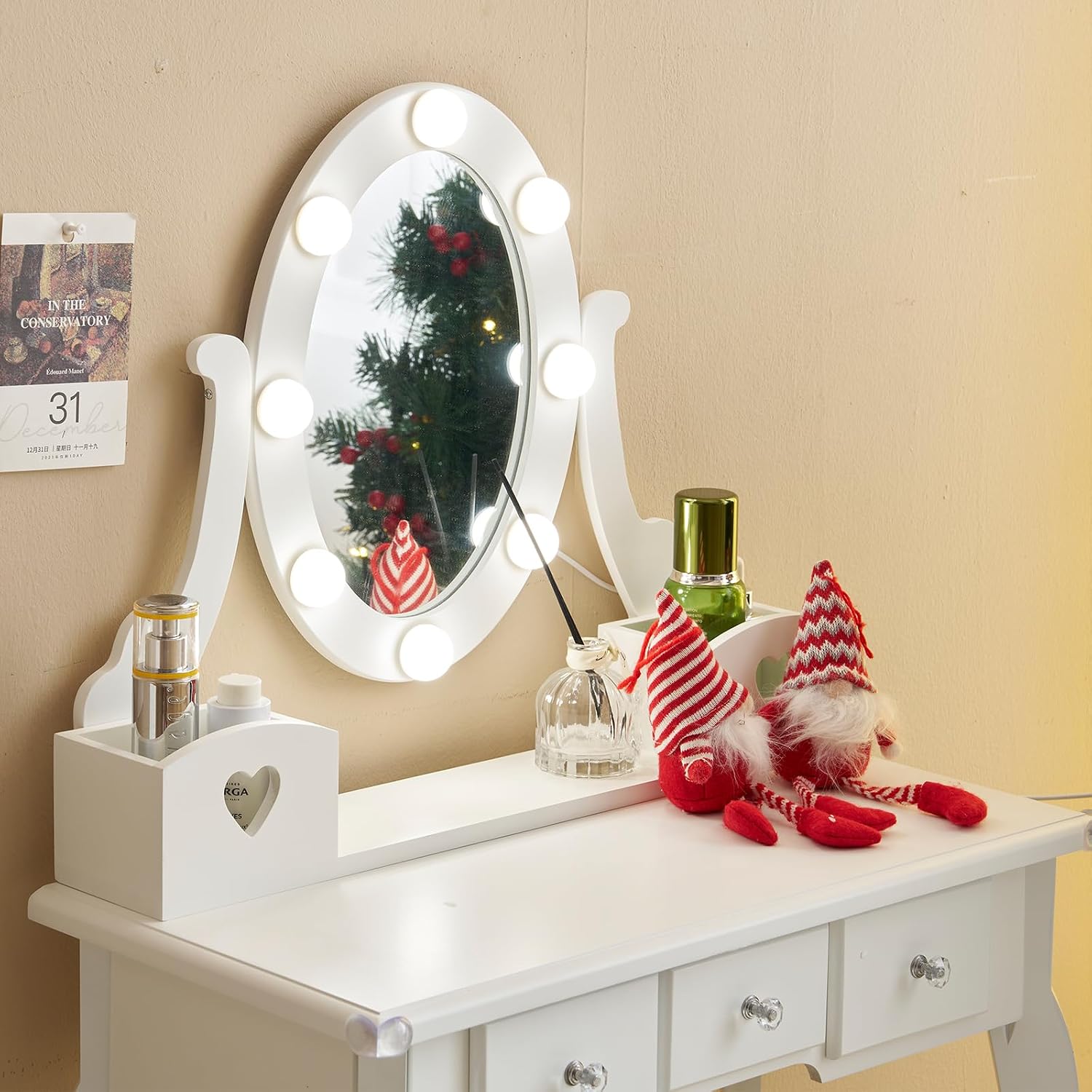 Karl home Kids Vanity Table and Chair Set, Princess MDF Dressing Table with 3-Color LED Lighted Mirror and 3 Drawers, Lovely Waved Design for Toddler's Bedroom and Playroom Decor, Macaroon White
