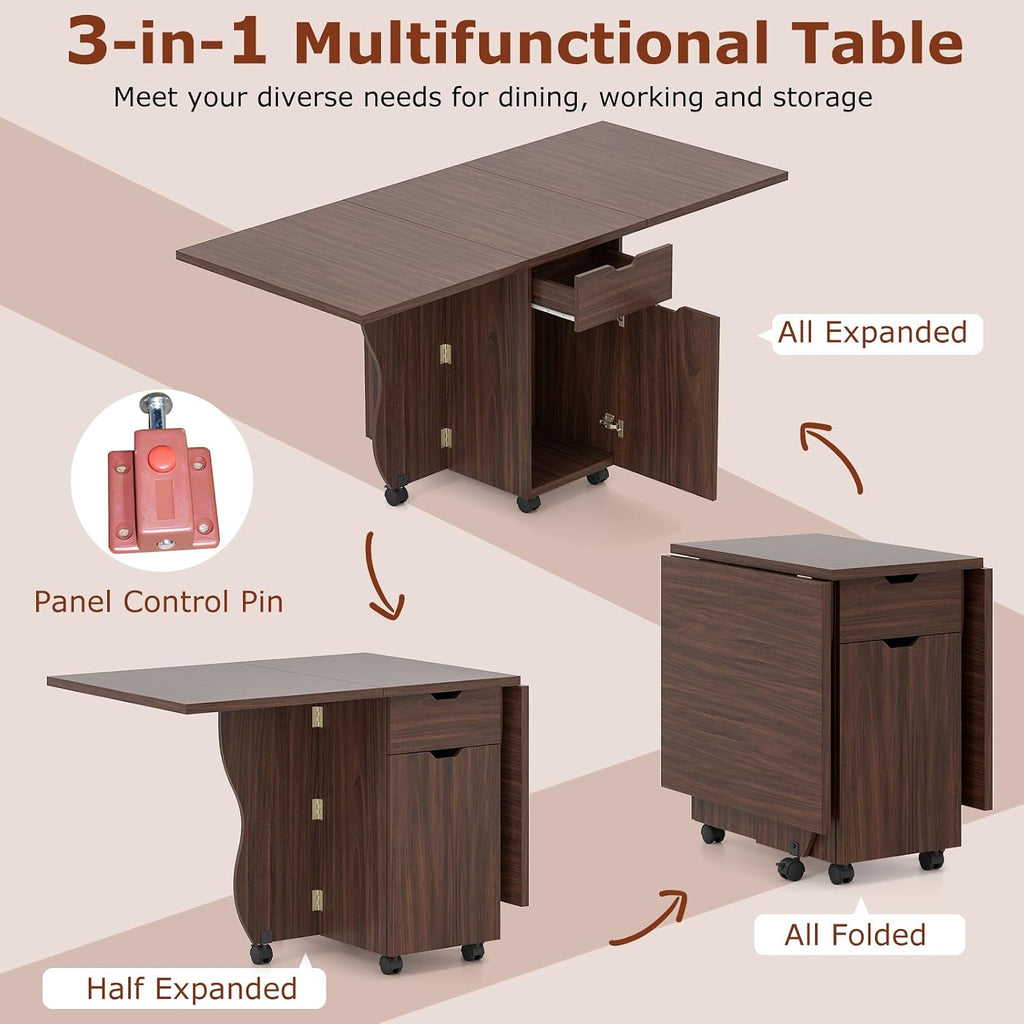 Giantex 3-in-1 Folding Dining Table for 4-6, 69-Inches Drop Leaf Kitchen Table with 2 Drawers and 2 Cabinets, Lockable Wheels, Foldable Dinner Tables for Small Spaces, Dinette (Walnut)