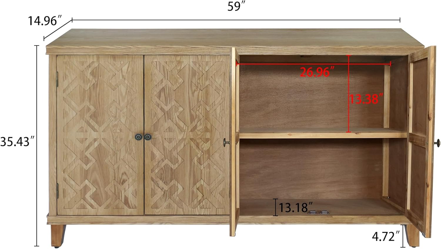 LKTART 59' Sideboard Buffet Cabinet with 4 Carved Doors,Farmhouse Accent Credenza Storage,Media Console Cabinet, for Entryway, Living&Dining Room