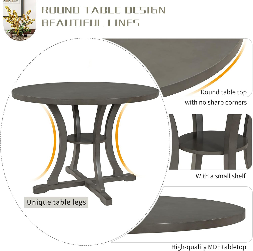 Harper & Bright Designs Retro Style Round Kitchen Dining Table Set for 4, 5 Piece Round Dining Table and 4 Fabric Chairs with Special-Shaped Table Legs and Storage Shelf, Gray