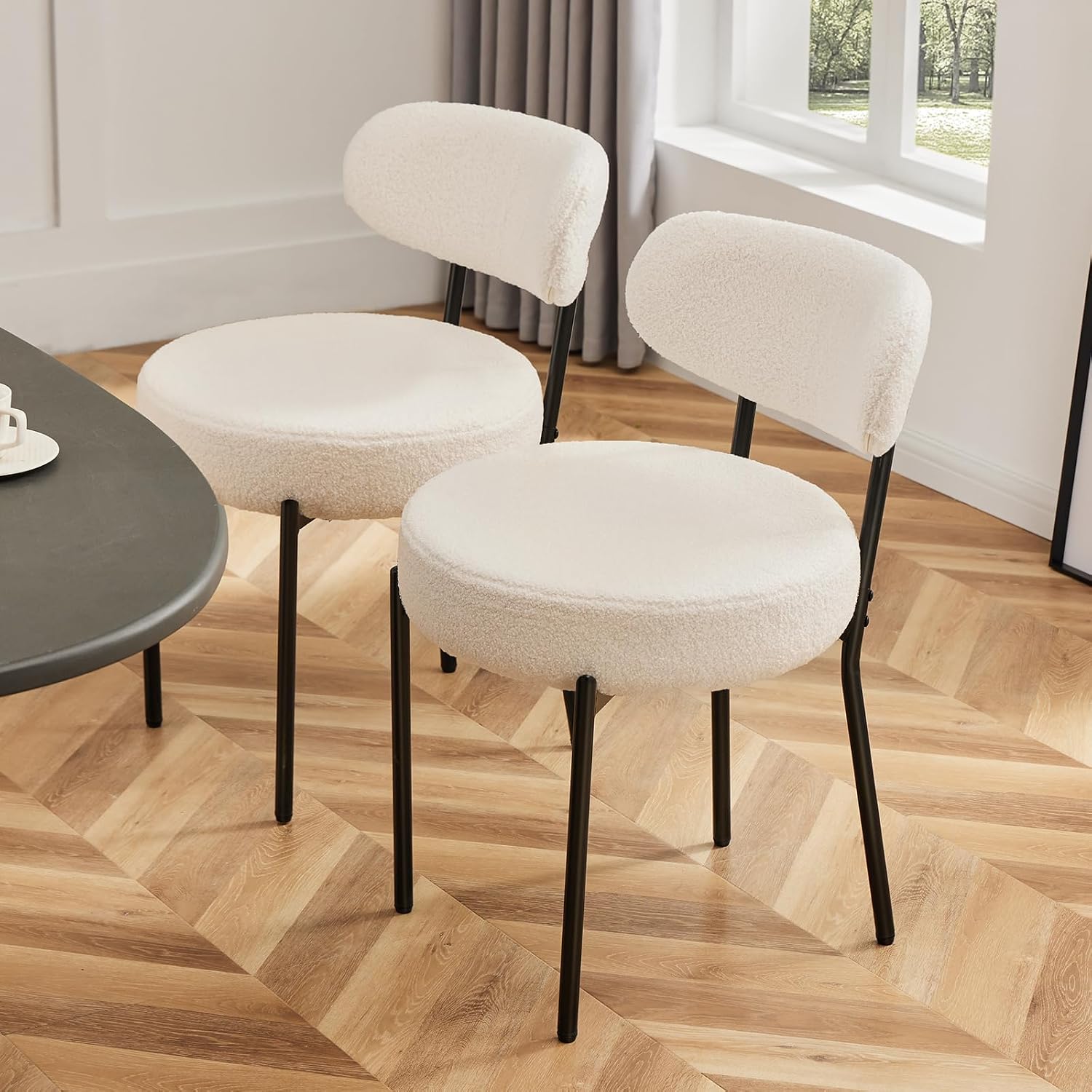 Sweetcrispy Dining Chairs Set of 4, Boucle Upholstered Modern Mid Century Round Kitchen Chairs with Curved Backrest & Metal Legs for Vanity, Living Room - Beige