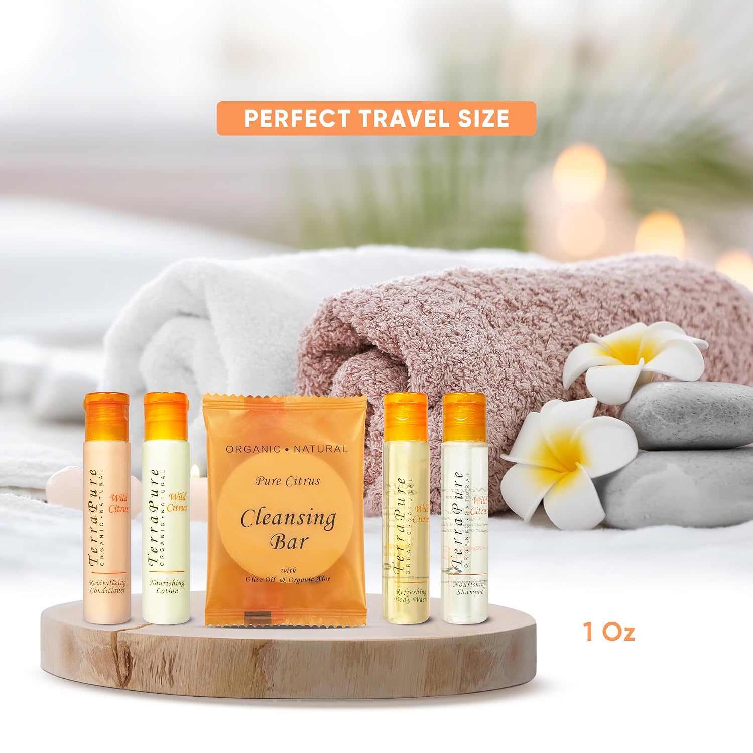 Terra Pure Wild Citrus Hotel Amenities Set | 1-Shoppe Amenities Kit | 1oz Shampoo, Conditioner, Body Wash, Lotion, Bar Soap | Travel Size | 300 Pieces