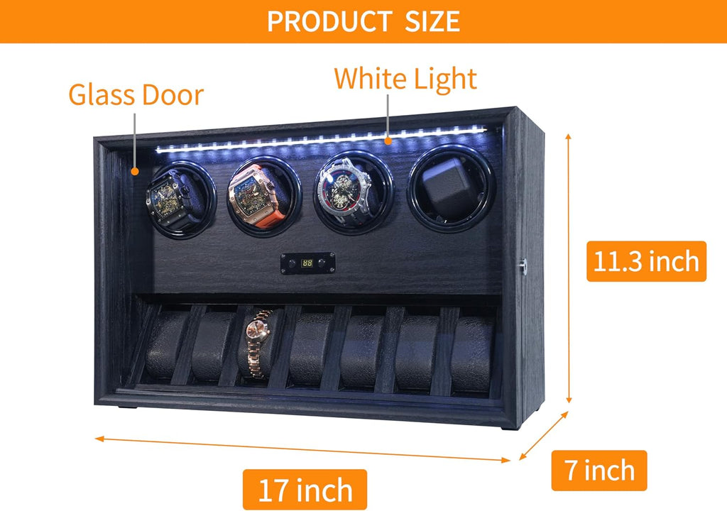 Watch Winder for 2/4/6/8 Automatic Watches, Watch Rotator for Rolex 15 Rotation Modes Display Box White Light, Watches Winder Case with USB-C Adapter, Present for Men Quiet Mabuchi Motor(≤5db)
