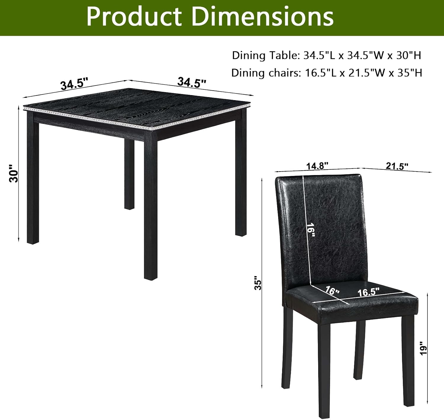 LUMISOL Dining Table Set for 4, 5-Piece Solid Wood Kitchen Table Set with 4 Upholstered Chairs for Kitchen, Dining Room, Black