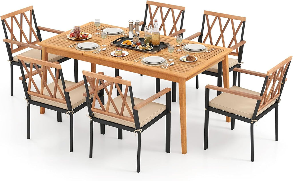 Tangkula 7 Piece Wood Outdoor Dining Set for 6, Rectangular Patio Acacia Wood Table Set with 6 Cushioned Chairs, Umbrella Hole, Heavy Duty Metal Frame for Deck Porch Backyard
