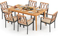 Tangkula 7 Piece Wood Outdoor Dining Set for 6, Rectangular Patio Acacia Wood Table Set with 6 Cushioned Chairs, Umbrella Hole, Heavy Duty Metal Frame for Deck Porch Backyard