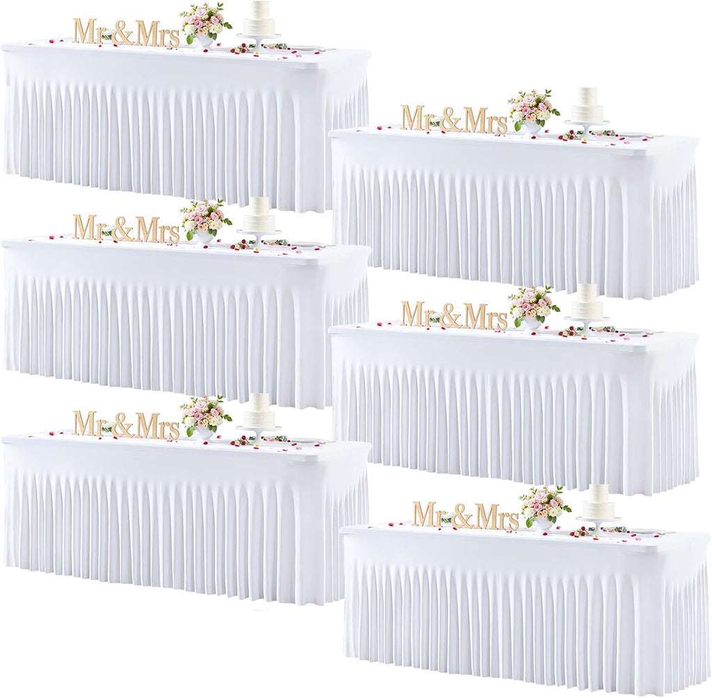 White Table Cloth for 6 Foot Rectangle Tables Fitted Stretch Spandex Table Cover with Skirt 6ft Baby Shower Birthday Party Banquet Ruffle Tablecloth Wedding Table Cloths Desk Skirt, 6 Pack