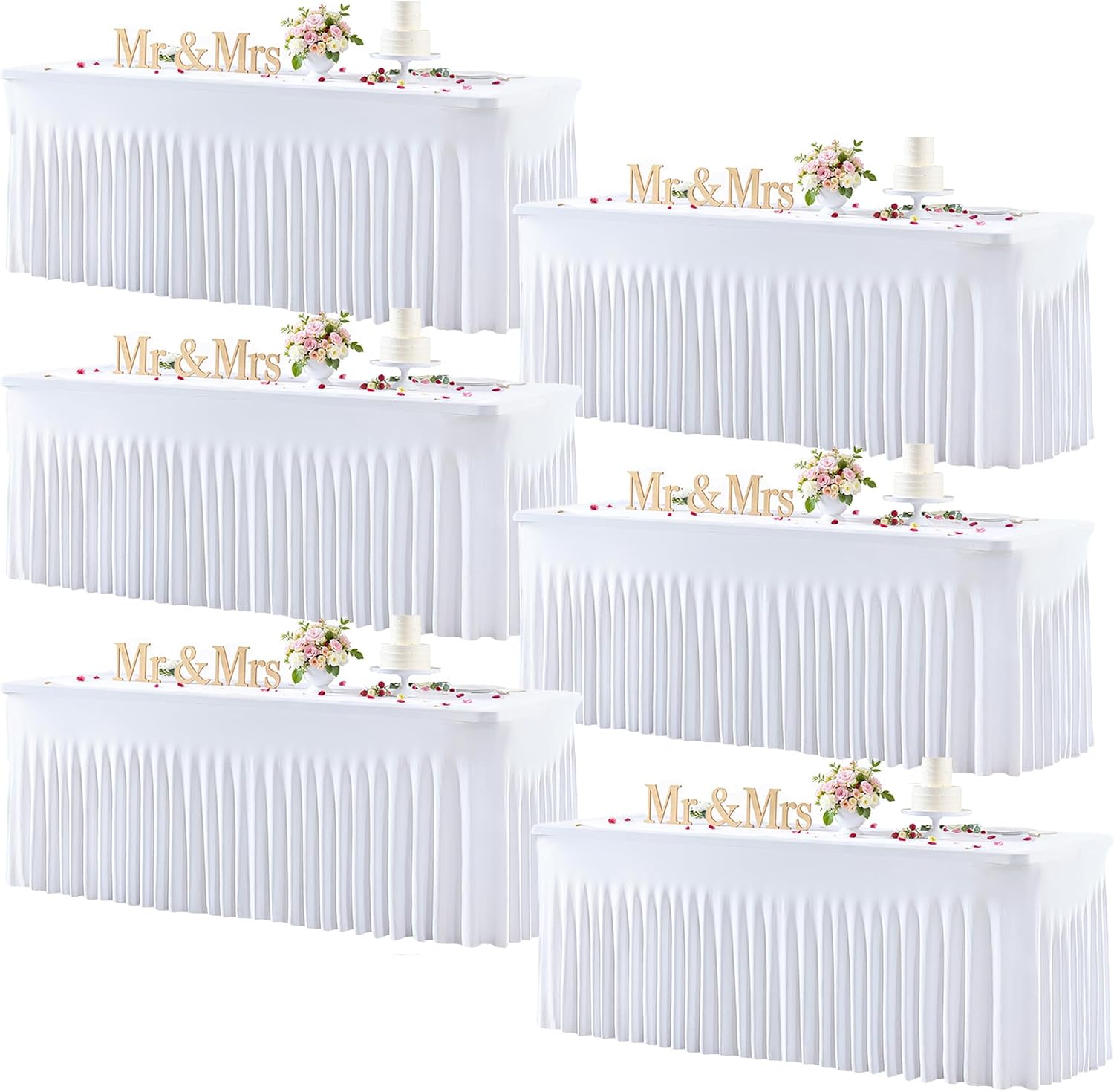 White Table Cloth for 8 Foot Rectangle Tables Fitted Stretch Spandex Table Cover with Skirt 8ft Baby Shower Birthday Party Banquet Ruffle Tablecloth Wedding Table Cloths Desk Skirt, 6 Pack