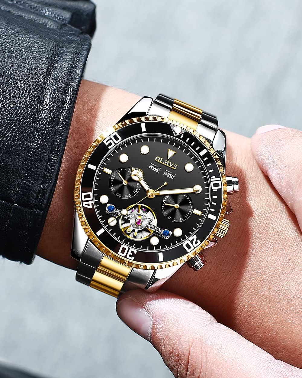 OLEVS Men's Stainless Steel Chronograph Watch, Big Face Gold Silver Black Tone Easy to Read Analog Quartz Watch, Luxury Waterproof Date Diamond Roman Arabic Numerals Dial Dress Watch for Men