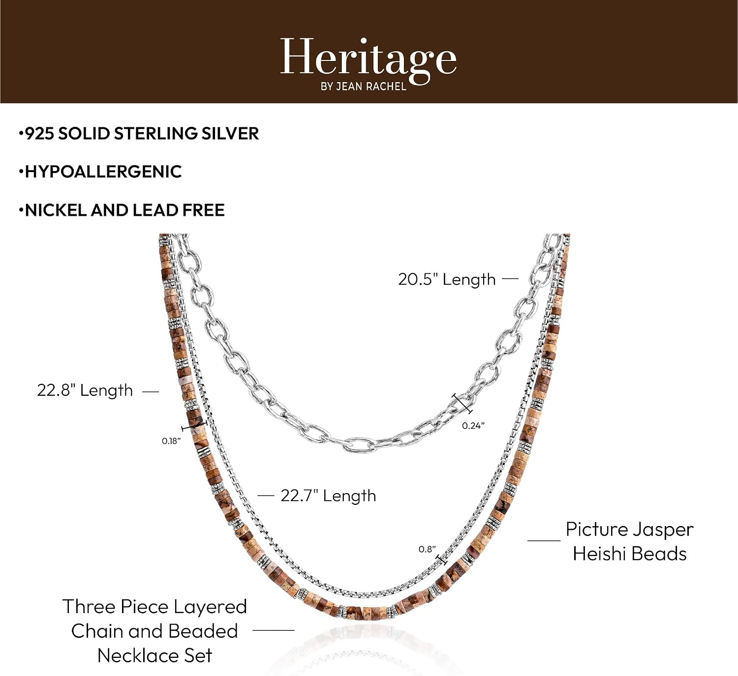 JEAN RACHEL JEWELRY Men's 3-Piece Necklace Layering Set - Hammered Link Chain, Sleek Box Chain & Natural Jasper Stone Beads - Earth Tone Bundle