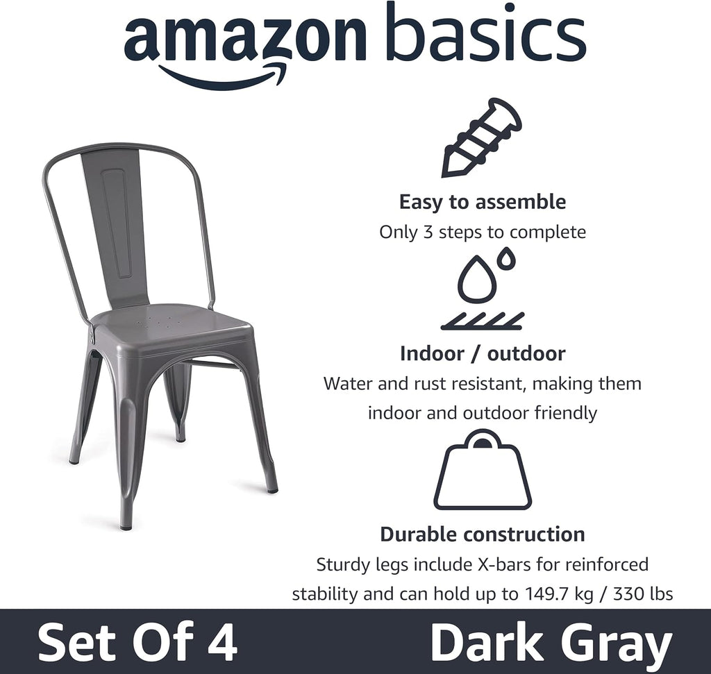 Amazon Basics Metal Dining Chairs, Easy to Assemble, Indoor/Outdoor, Stackable, 330-Pound Capacity, Dark Gray, 4-Pack, 20.1 x 17.1 x 33.5 inches