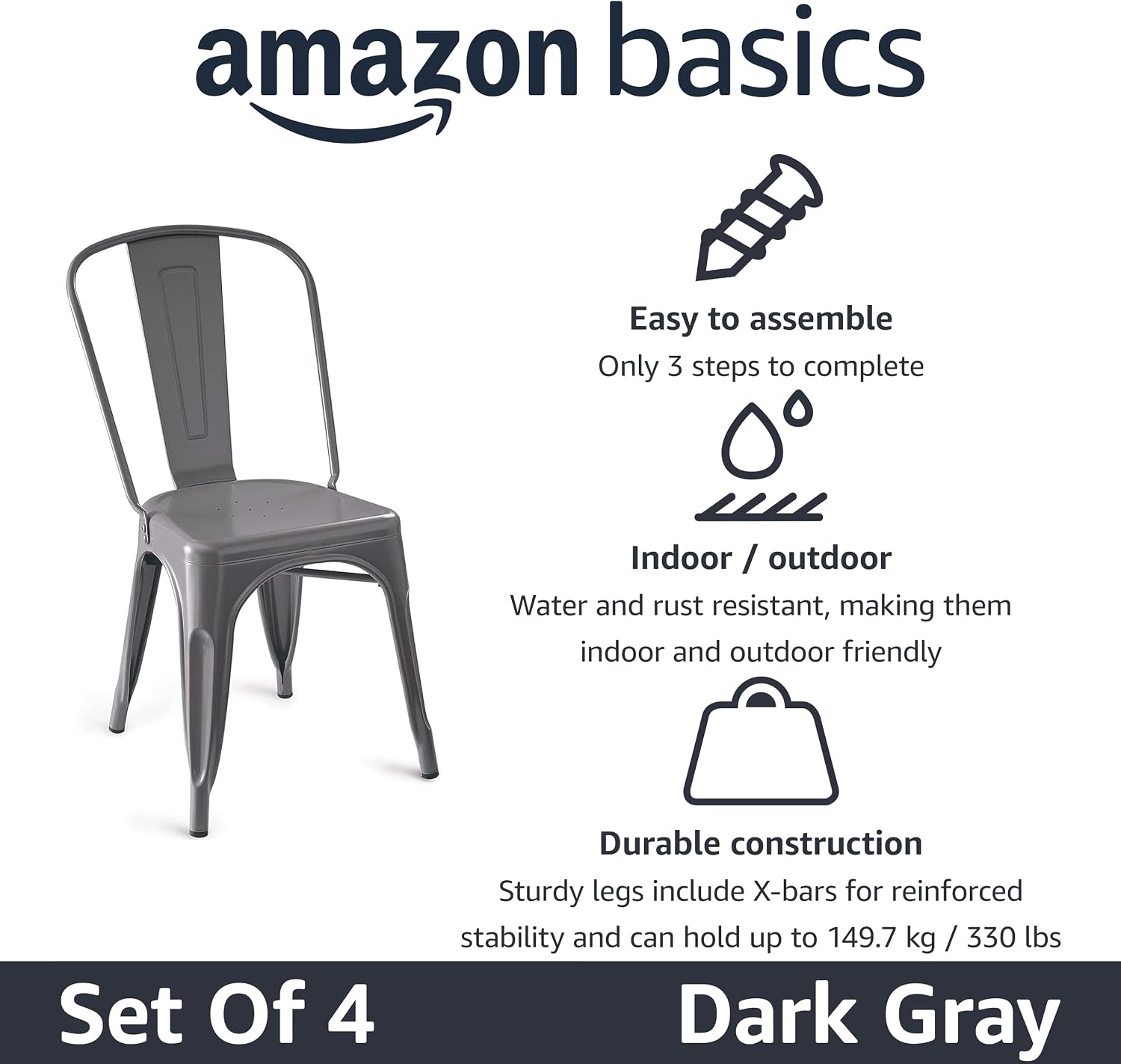 Amazon Basics Metal Dining Chairs, Easy to Assemble, Indoor/Outdoor, Stackable, 330-Pound Capacity, Dark Gray, 4-Pack, 20.1 x 17.1 x 33.5 inches