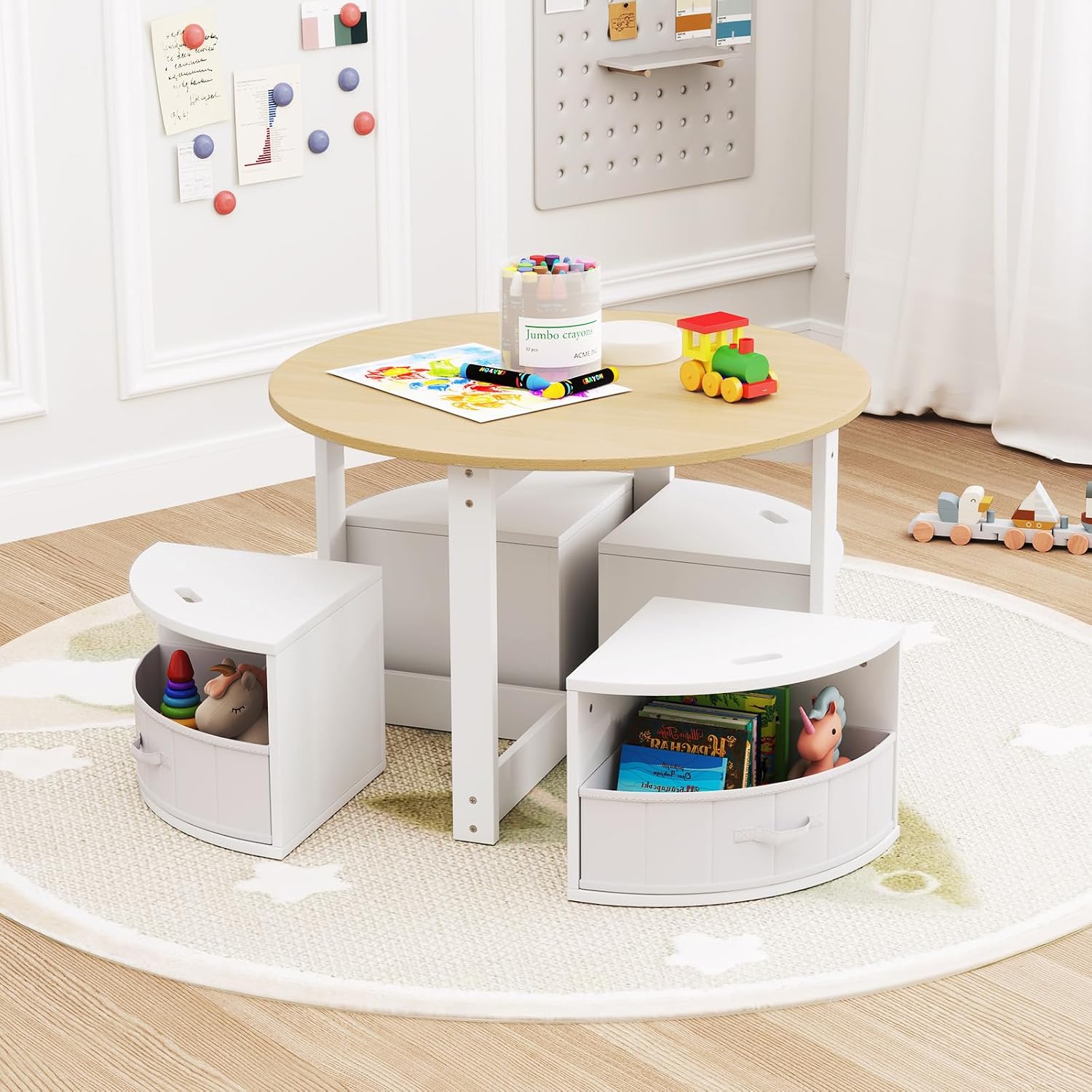 HONEY JOY Kids Table and Chair Set, Children Activity Play Table with 4 Storage Stools for Art Craft, Nesting Design Toddler Table and Chair Set for Playroom, Daycare, Gift for Boys Girls (Natural)