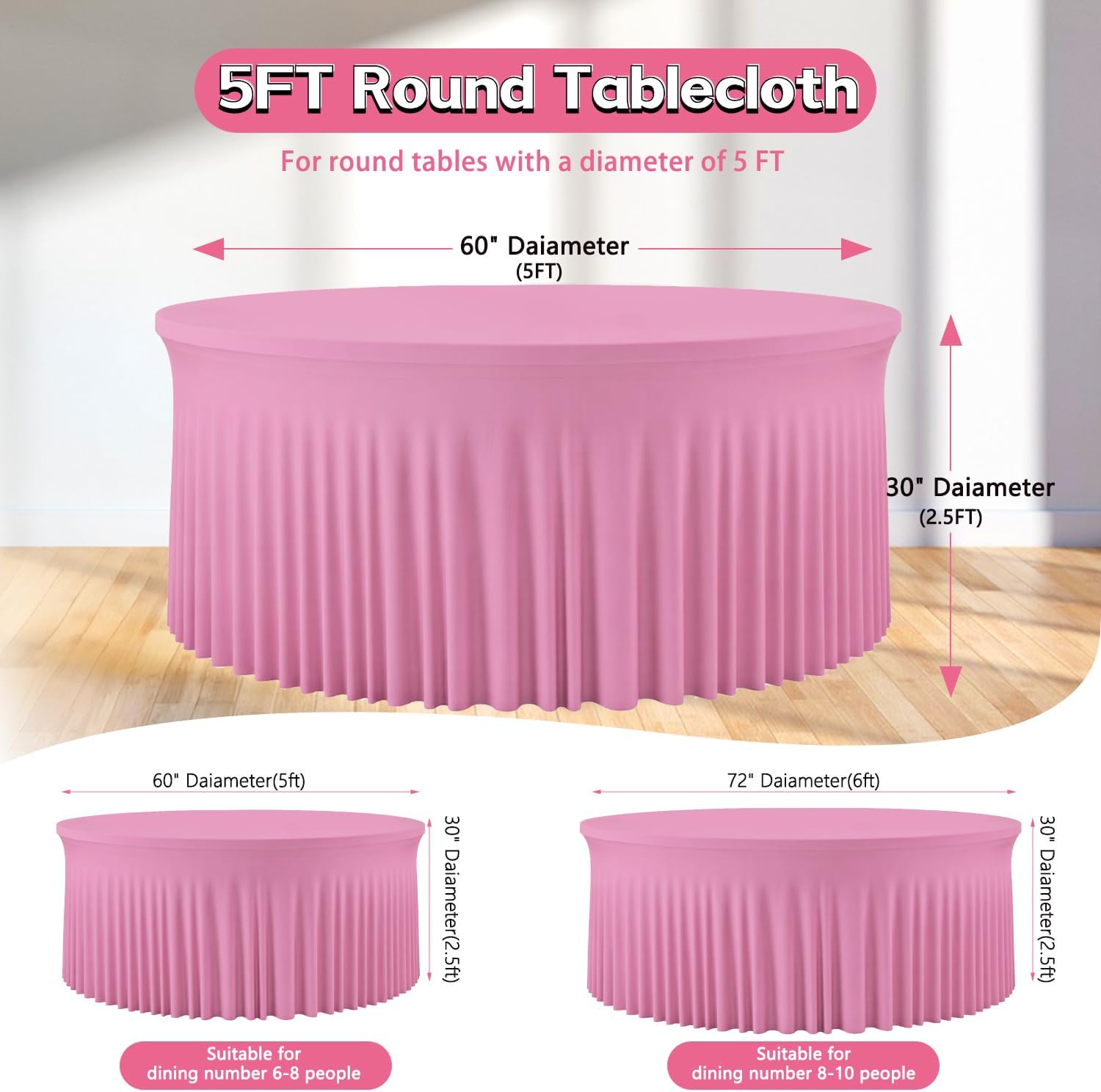 12 Pack Pink Table Cloths for 5FT Round Tables, Fitted Spandex 120 inch Round Tablecloth, Wrinkle Free Pink Table Skirt for Receptions Birthday Photography Social Events Engagement Party Decorations