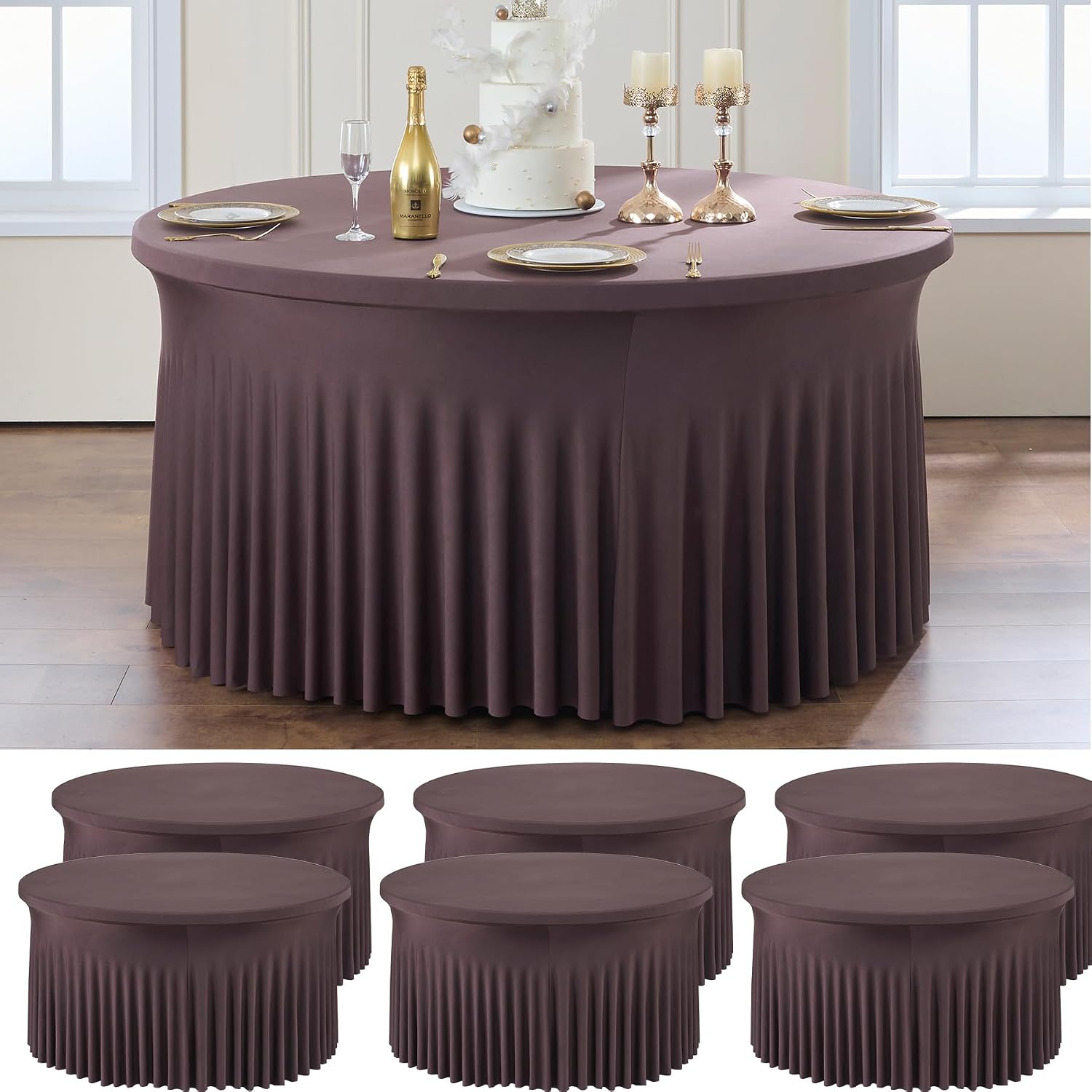 6 Pack Brown Spandex Round Tablecloths for 60 inch Table, Wrinkle Free Stretchy 120inch Fitted 5FT Round Table Cover Cloths with Skirt for Wedding Party Dining Banquet
