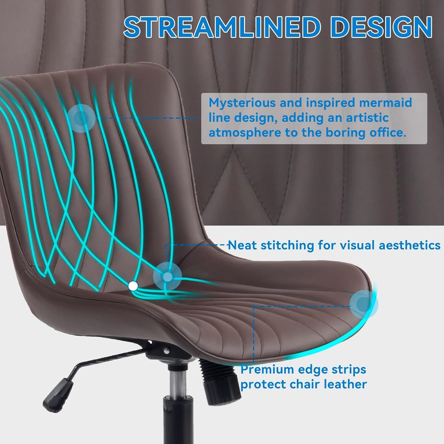 YOUNIKE Office Chair Brown, Armless Desk Chair with Wheels, Home Office Task Chairs, Modern Faux Leather Upholstered Adjustable Swivel Rocking Chair with Back