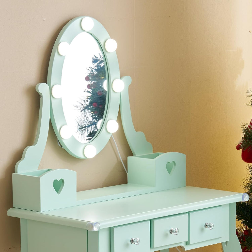 Karl home Kids Vanity Table and Chair Set, Princess MDF Dressing Table with 3-Color LED Lighted Mirror and 3 Drawers, Lovely Waved Design for Toddler's Bedroom and Playroom Decor, Macaroon Green