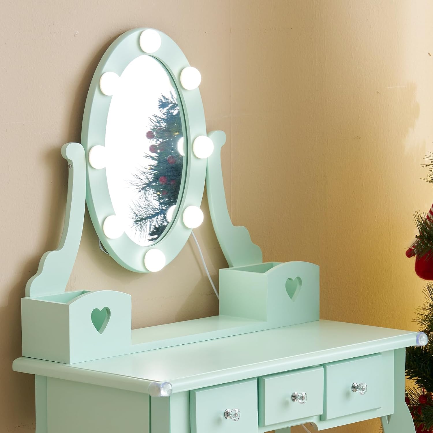 Karl home Kids Vanity Table and Chair Set, Princess MDF Dressing Table with 3-Color LED Lighted Mirror and 3 Drawers, Lovely Waved Design for Toddler's Bedroom and Playroom Decor, Macaroon Green
