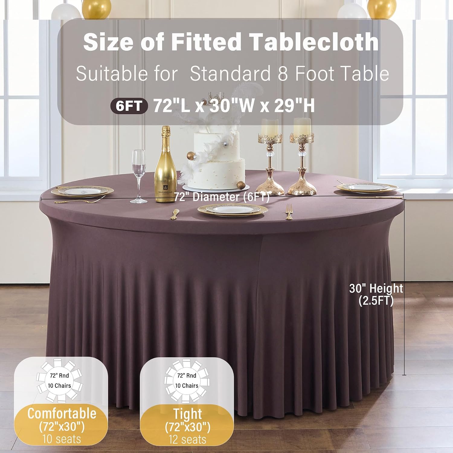 6 Pack Brown Spandex Round Tablecloths for 60 inch Table, Wrinkle Free Stretchy 120inch Fitted 5FT Round Table Cover Cloths with Skirt for Wedding Party Dining Banquet