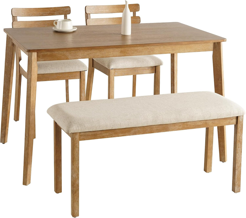 SIMTONAL 4-Piece Farmhouse Dining Set, Wooden Table with 2 Chairs, Bench Seat, Mid-Century Modern Wooden Table & Upholstered Chair Set for Home, Kitchen, Dining Room, Solidwood Legs