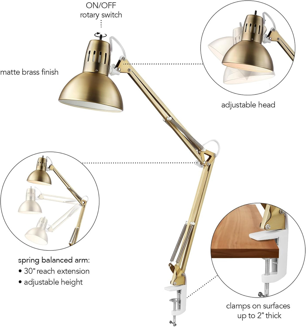 31.5' Multi-Joint Desk Lamp with Metal Clamp, Black, On/Off Rotary Switch on Shade, Partially Adjustable Swing Arm, Home Essentials, Reading Light, Office Décor