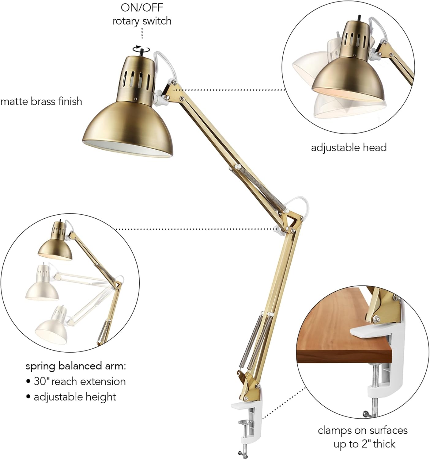 31.5' Multi-Joint Desk Lamp with Metal Clamp, Black, On/Off Rotary Switch on Shade, Partially Adjustable Swing Arm, Home Essentials, Reading Light, Office Décor