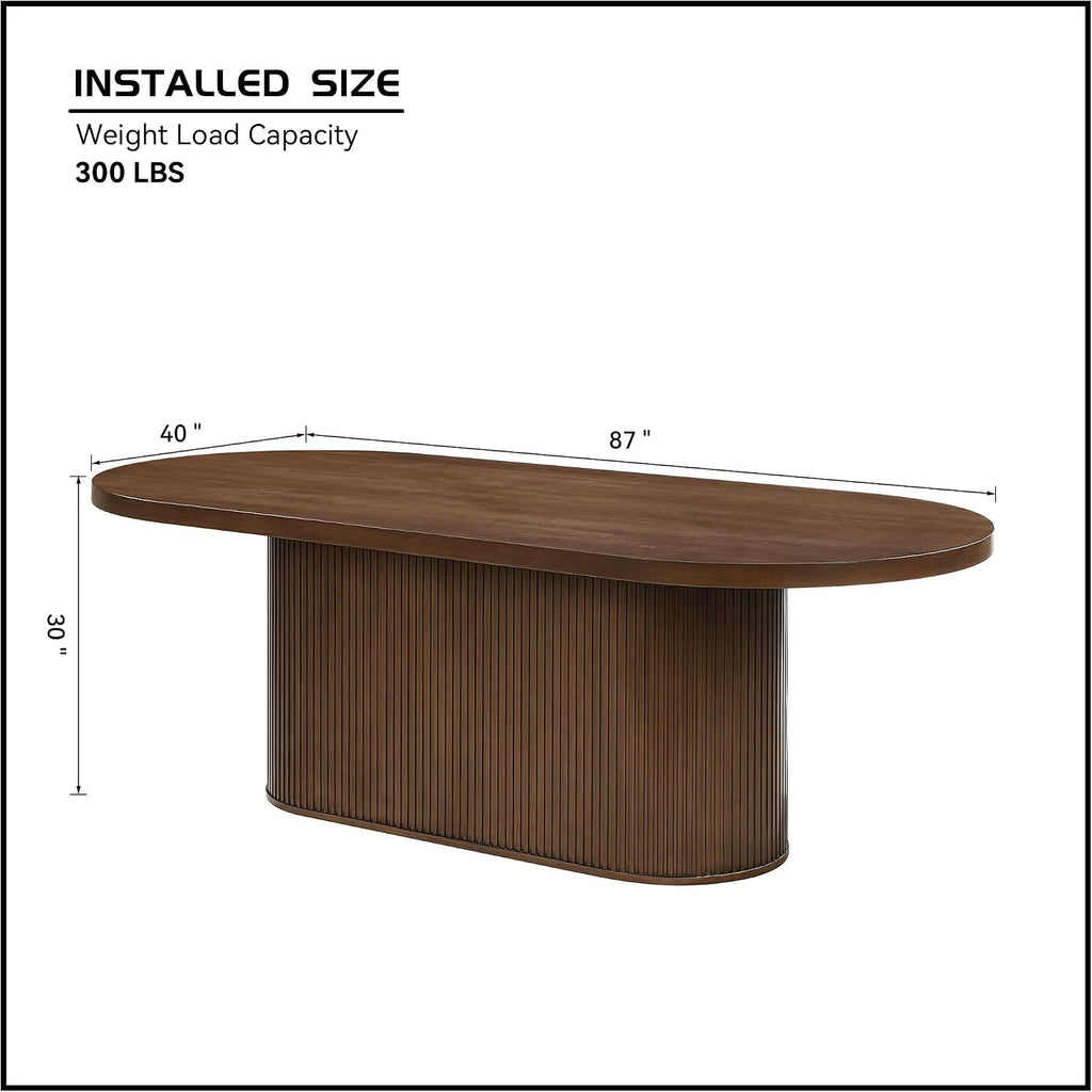 87'' Oval Dining Table Rustic Wood Kitchen Dinner Table, Retro Modern Mid-Century Style, Sturdy Pedestals Base, Natural