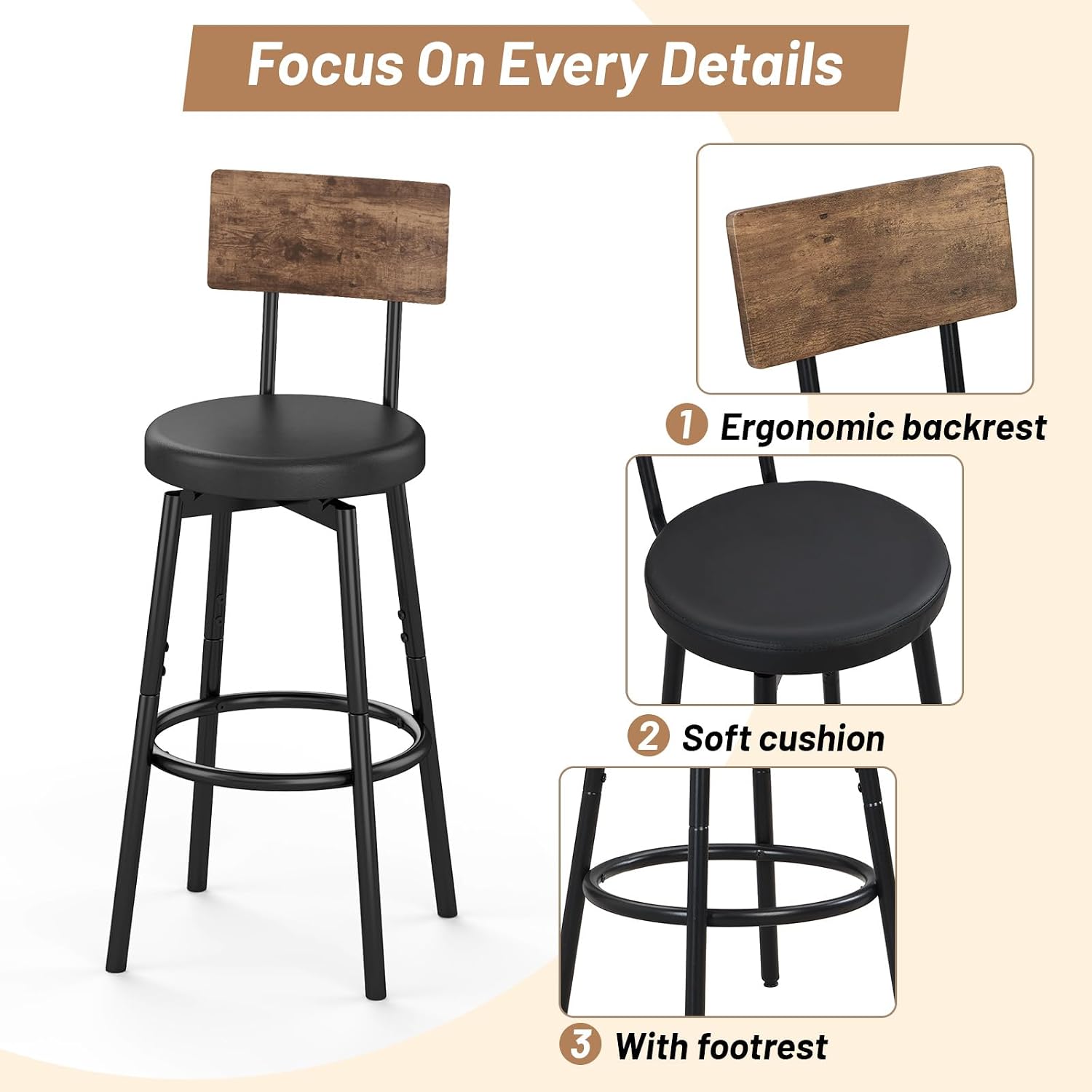 Zevemomo 5-Piece Dining Table Set, Bar Table Set for 4, Kitchen Table and Chairs, Counter Height High Top Table with 4 PU Upholstered Stools, Space-Saving Pub Table Sets for Small Space, Brown & Black