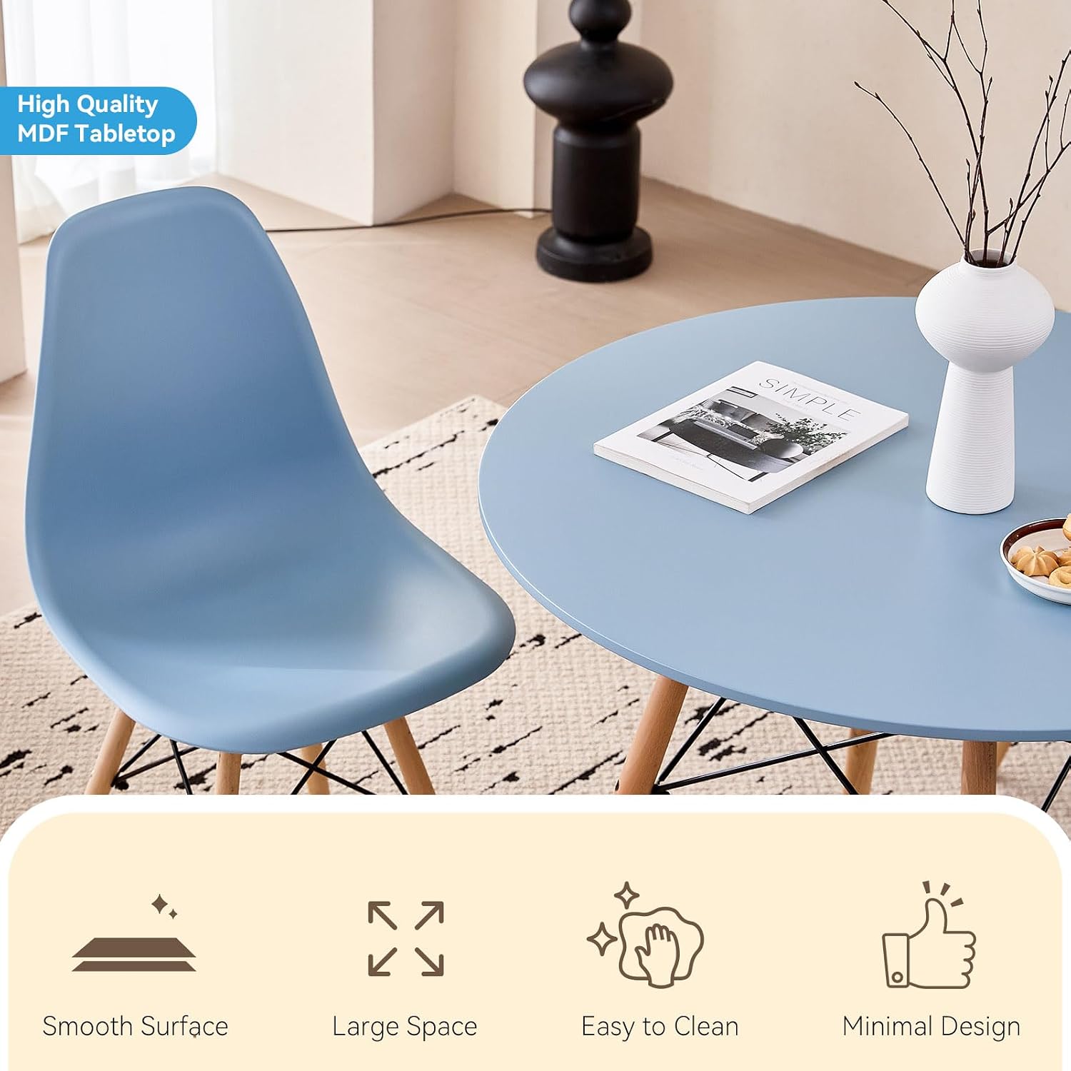 5-Piece Round Dining Table Set, Small 35.5' Kitchen Table Chairs Set of 4 Space Saving Furniture, Plastic Seats, Solid Wood Legs, for Living Room Apartment Office Home, Blue