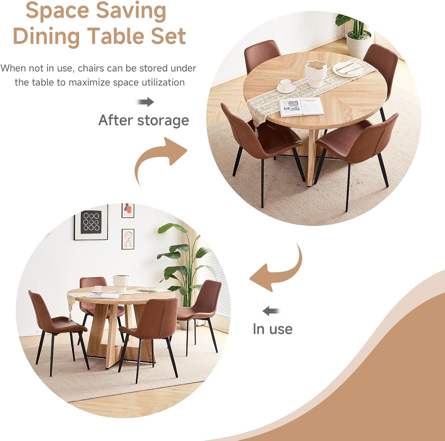 47 inch Round Dining Table Set for 4 with Chairs Kitchen Table and Chairs Set Mid-Century Modern Round Wood Kitchen Tables with Upholstered Synthetic Leather Chairs Set of 4
