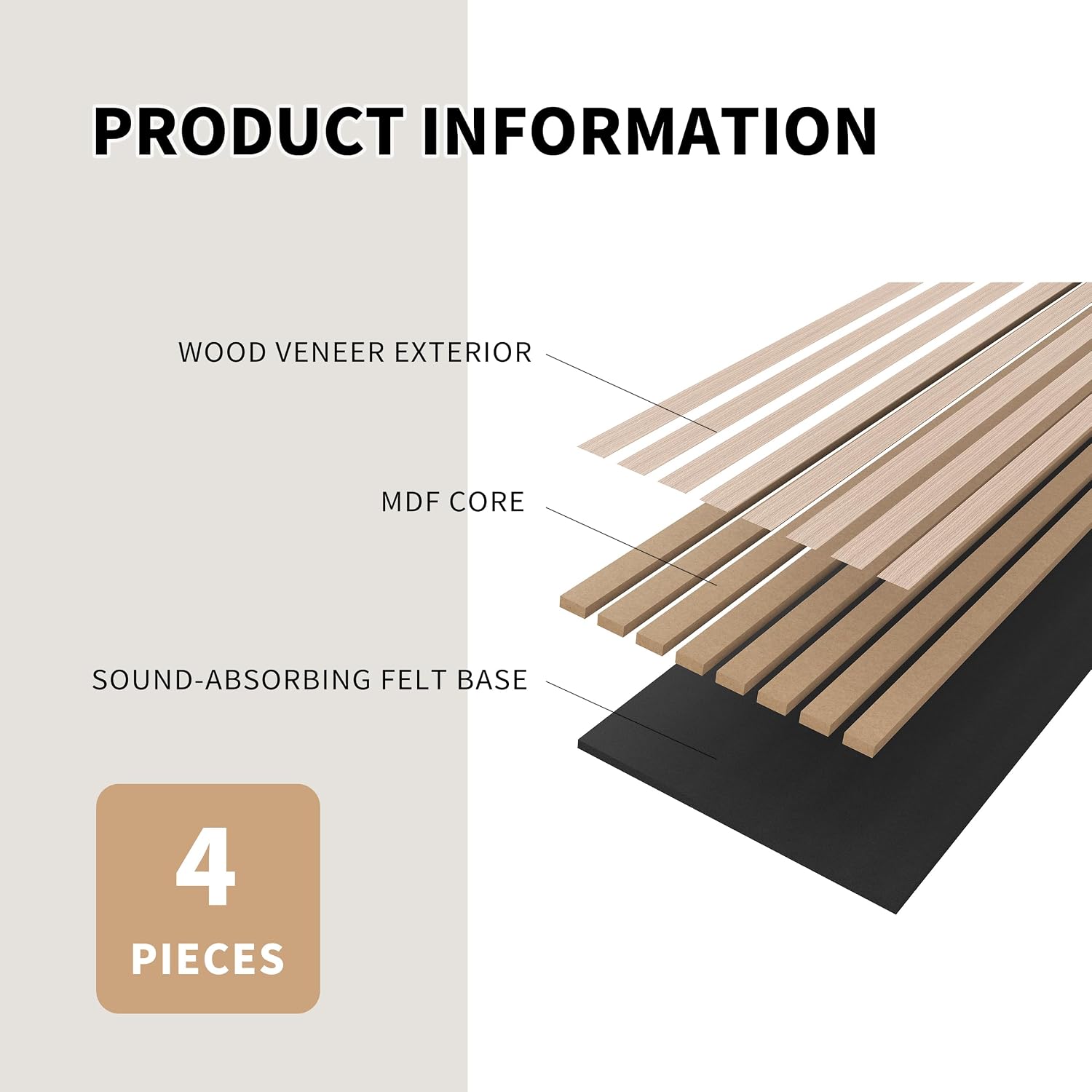 POHARE Wood Slat Wall Panels, 4 Pack Accent Decorative Acoustic Wood Slats for Wall and Ceilings, Acoustic Panels for Interior Wall Décor on Felt Back Board, Natural, 8 x 1 ft