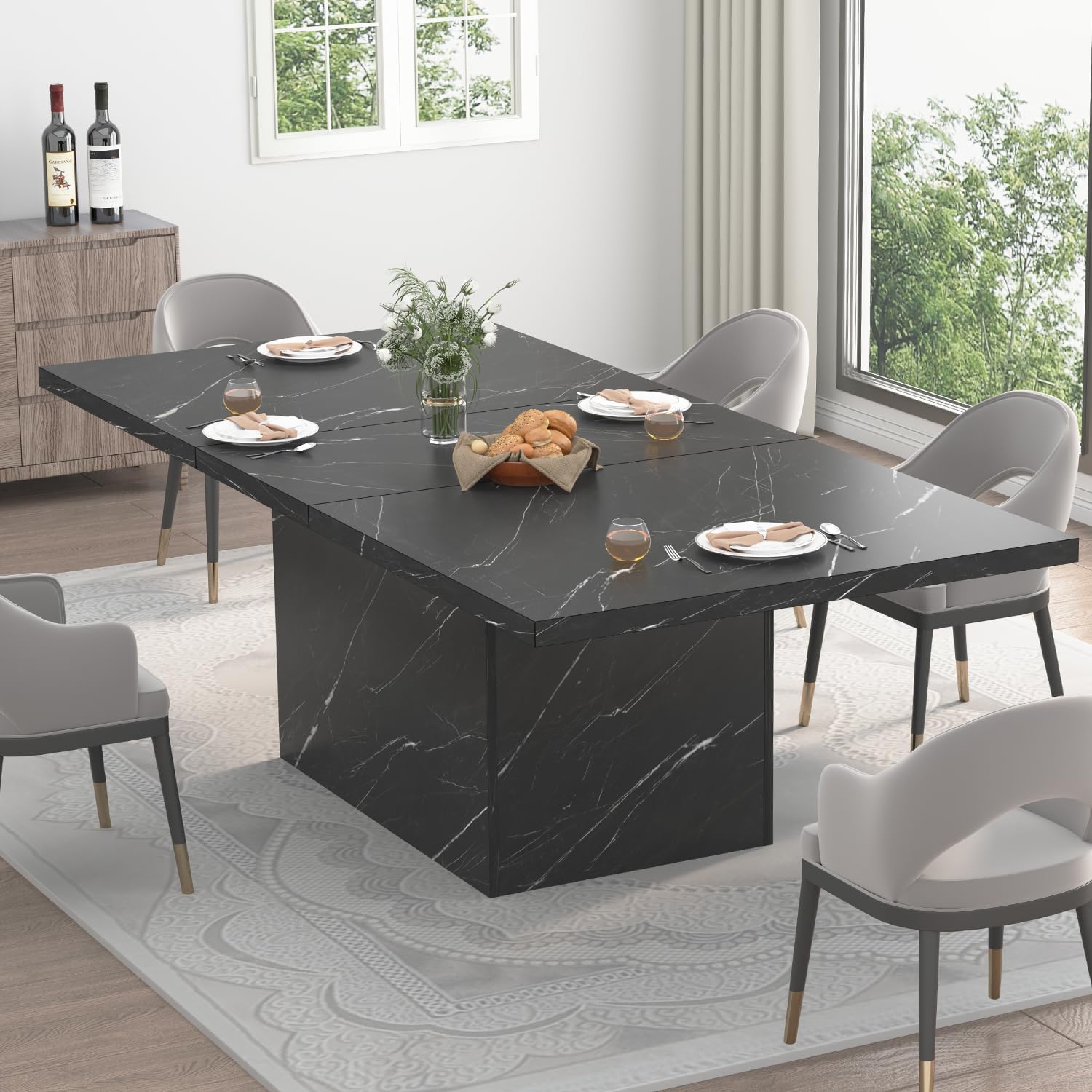 HSH Black Faux Marble Dining Table, 63 inch Modern Dinner Table for 6 Person, Farmhouse Rectanglur Kitchen Table for Living Room, Long Wood Dining Room Tables with strong Pedestal, Black Marble, 63 In