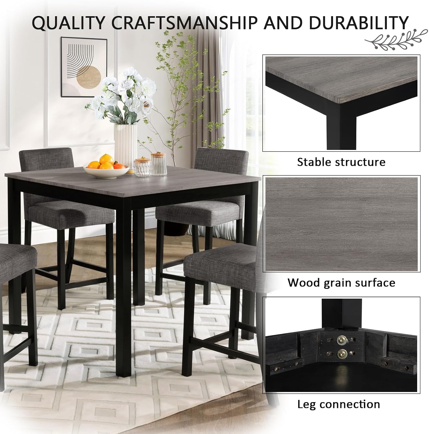 KEIKI 5-Piece Counter Height Dining Table Set with Square Table and 4 Upholstered Curved Backrset Chair, for 4 Person, Modern Wooden Table Set, Easy Assembly, for Kitchen, Dining Room, Black+Gray