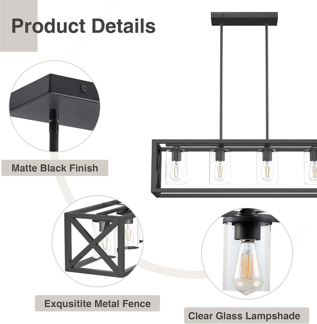 Farmhouse Dining Room Light Fixture - 4 Light Kitchen Island Lighting with Adjustable Height & Thickened Metal Dining Room Light Fixture Over Table，Chandeliers for Dining Room&Kitchen Island