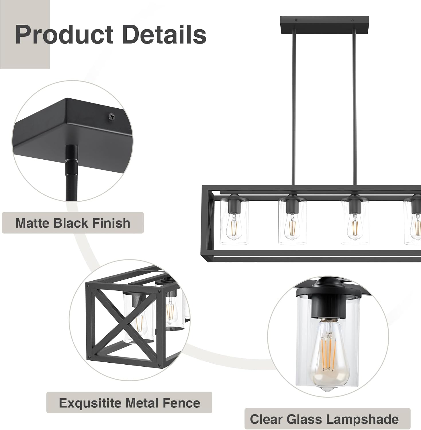 Farmhouse Dining Room Light Fixture - 4 Light Kitchen Island Lighting with Adjustable Height & Thickened Metal Dining Room Light Fixture Over Table，Chandeliers for Dining Room&Kitchen Island