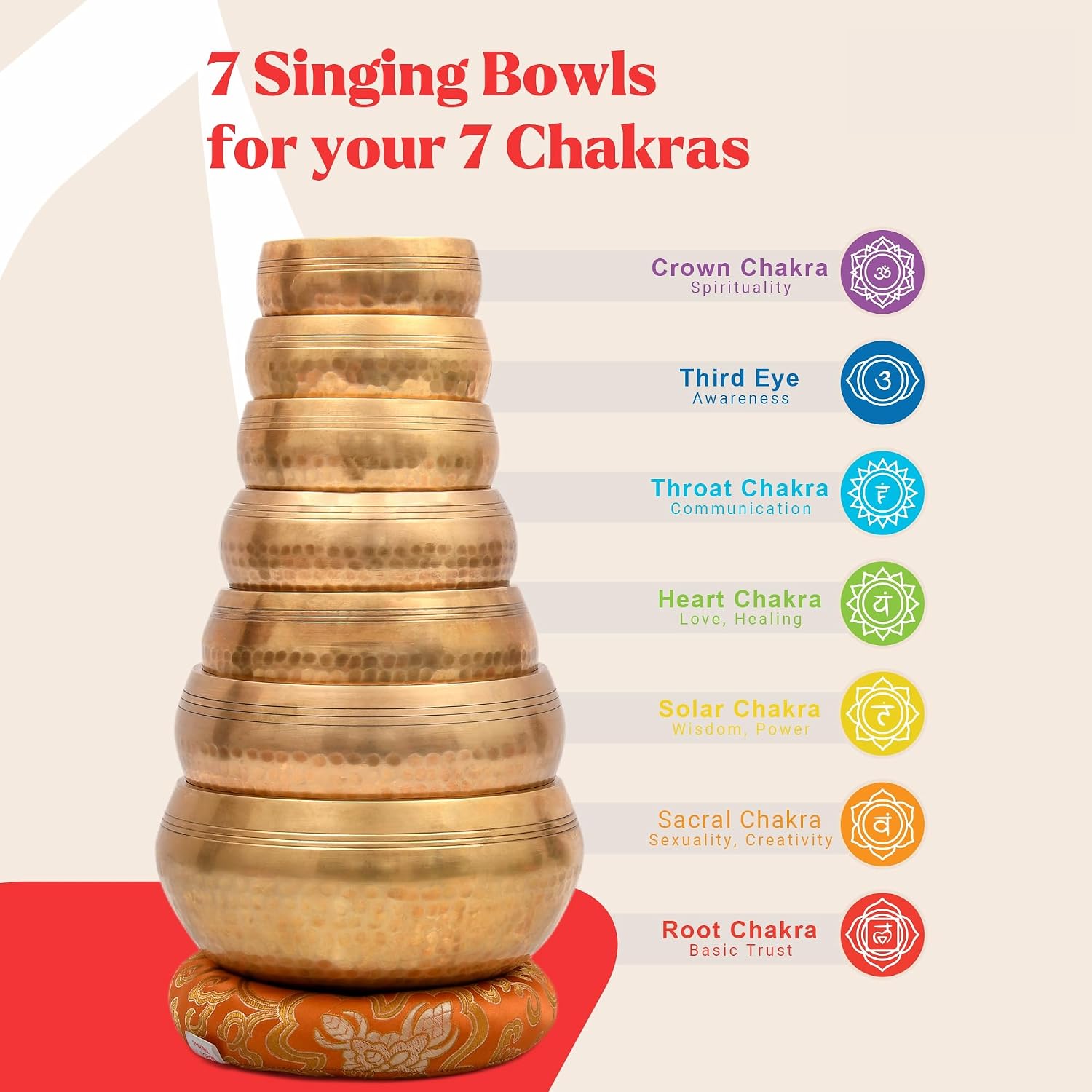 Tibetan Singing Bowl Set - Authentic Cuencos Tibetanos for Sound Healing, Meditation & Chakra Balancing - Includes Cushion, Mallet-Unique Spiritual Gifts for Women and Men (7 Chakra Hand Hammered Set)