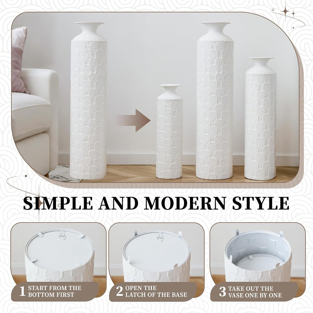 Set of 3 Textured White Metal Floor Vases, Tall Modern Decorative Vases, American Style Large Floor Vases for Entryway, Living Room, Minimalist & Coastal Home Decor