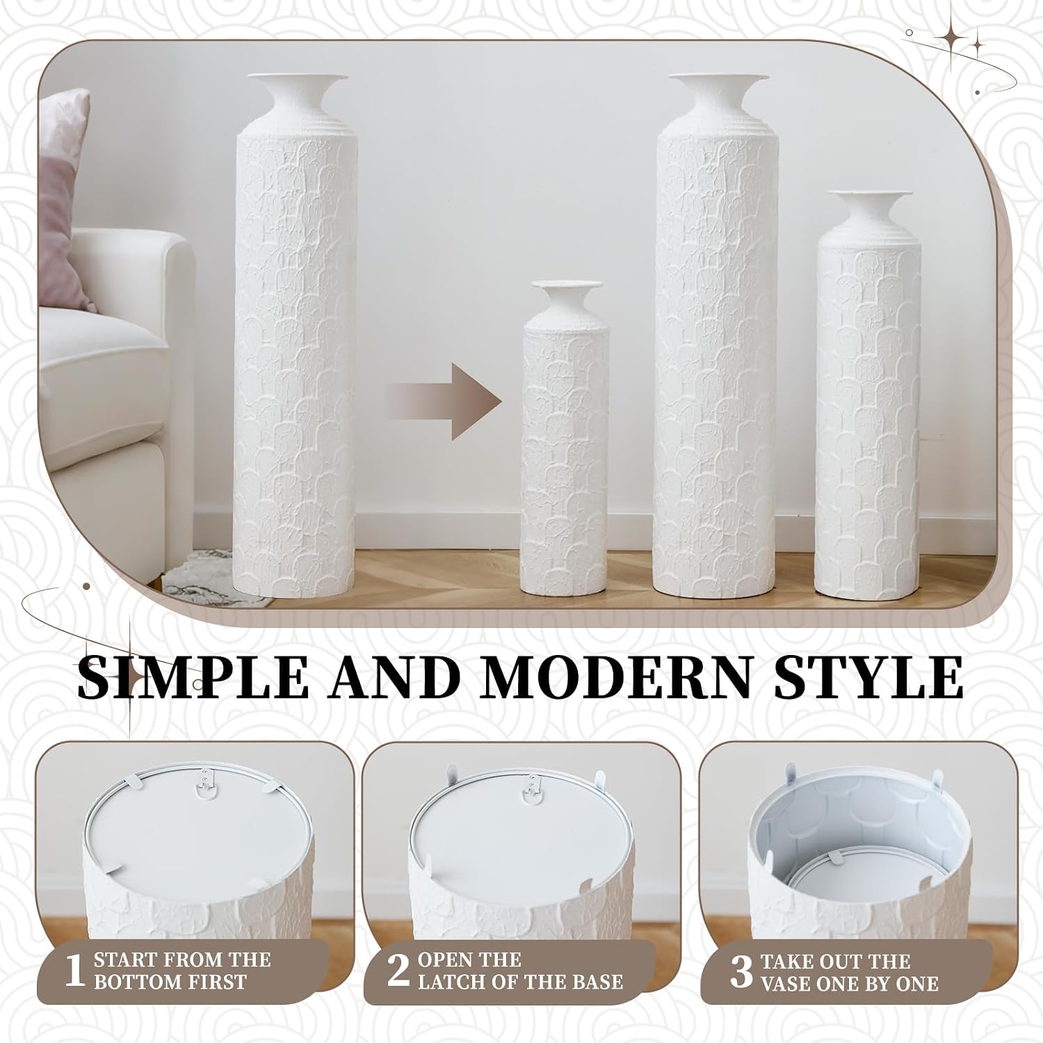 Set of 3 Textured White Metal Floor Vases, Tall Modern Decorative Vases, American Style Large Floor Vases for Entryway, Living Room, Minimalist & Coastal Home Decor