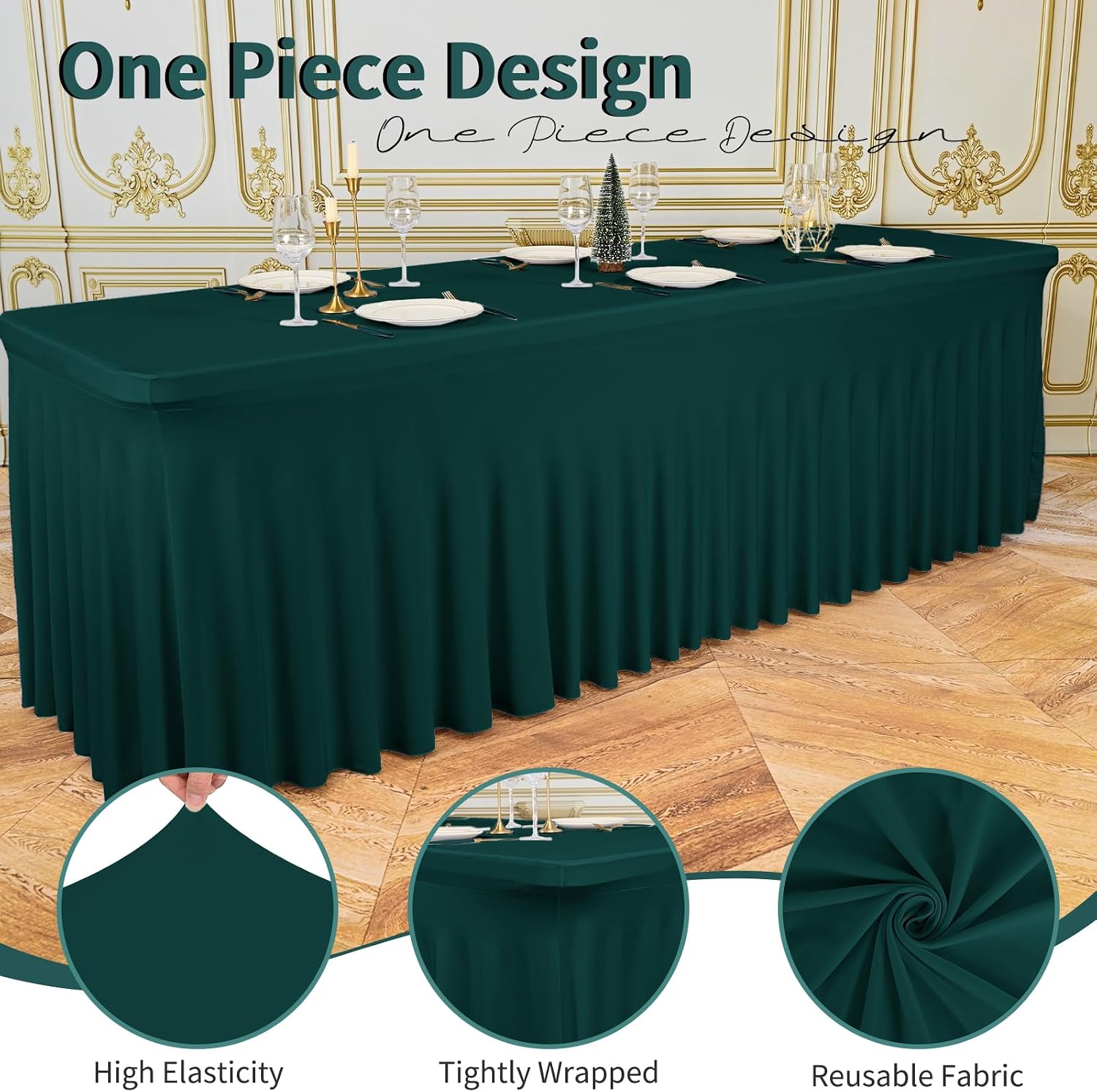 6 Packs Emerald Green Spandex Table Clothes for 8 Foot Rectangle Tables, Wrinkle Resistant Fitted Tables Cover, Washable Stretch Table Skirts for Weddings Parties Banquet Birthday Festival