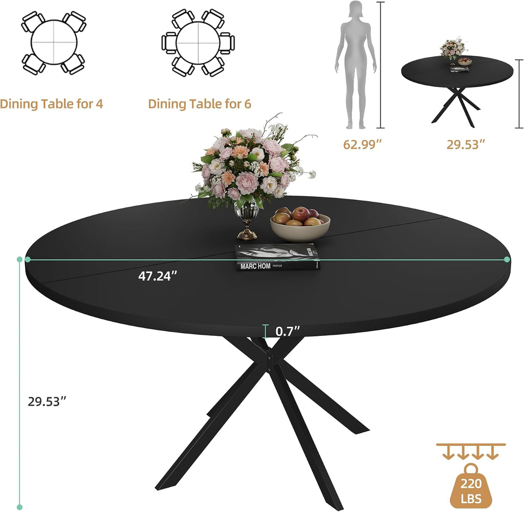 47.24' Round Dining Table for 4-6 Person, Round Kitchen Table with Wood Top, Circle Dinner Pedestal Tables with Metal Legs for Dining Room Kitchen (Black)