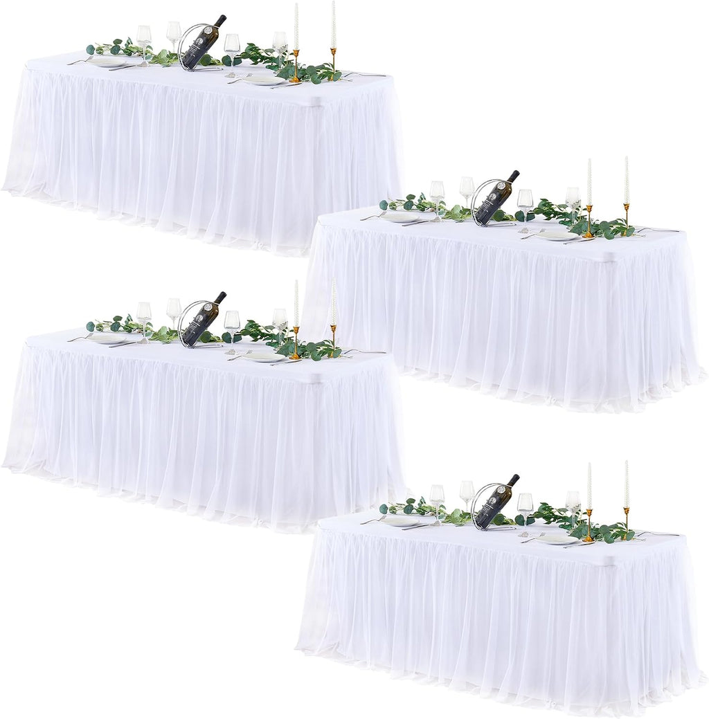 White Table Cloths 8 Foot Rectangle Stretch Ruffle Tulle Tablecloth Spandex Fitted Table Cover for 8 Foot Tables White Tulle Table Skirts Rectangle Tables 8ft Elastic Party Wedding Table Cloths 4Pack