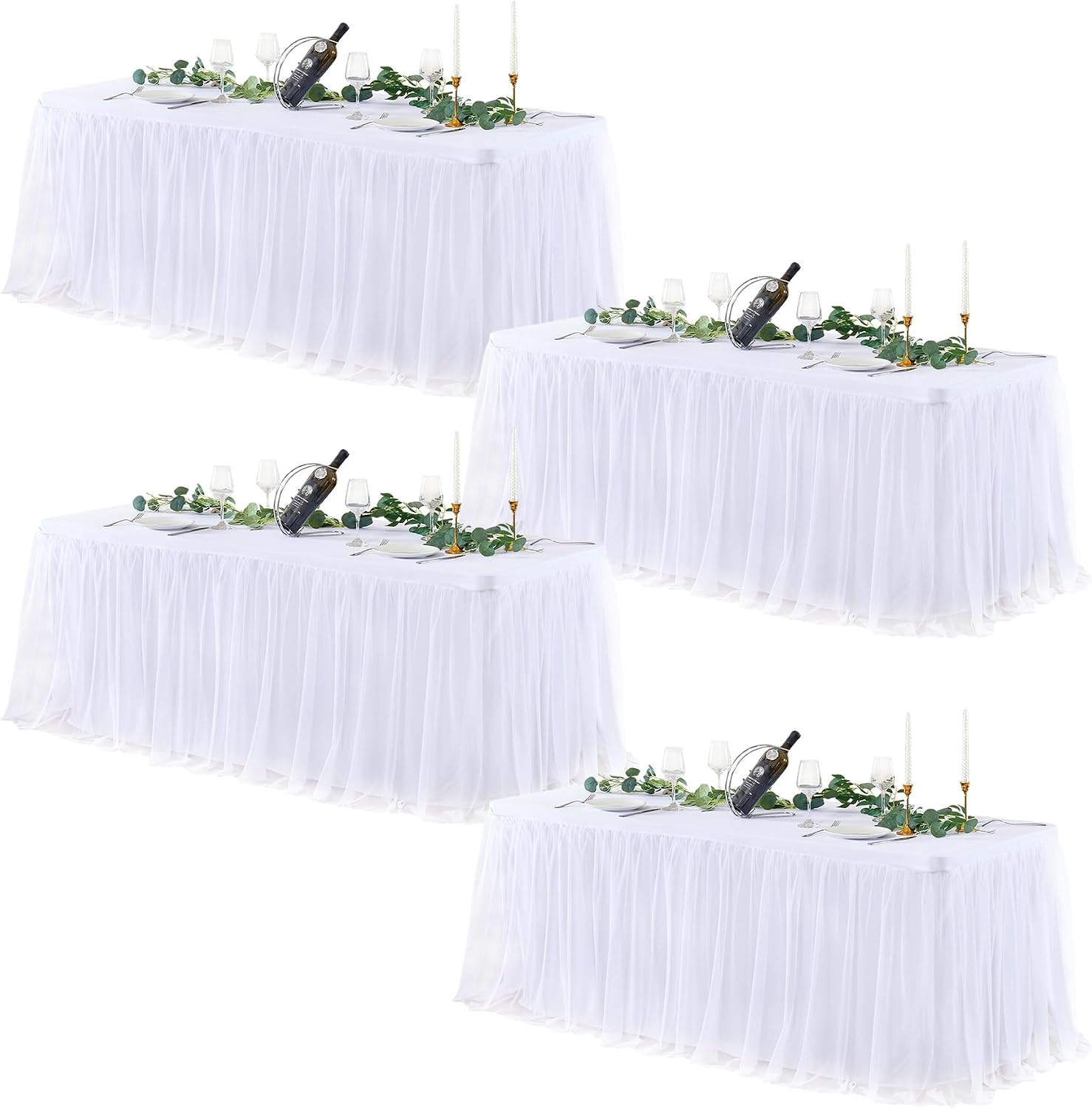 White Table Cloths 8 Foot Rectangle Stretch Ruffle Tulle Tablecloth Spandex Fitted Table Cover for 8 Foot Tables White Tulle Table Skirts Rectangle Tables 8ft Elastic Party Wedding Table Cloths 4Pack