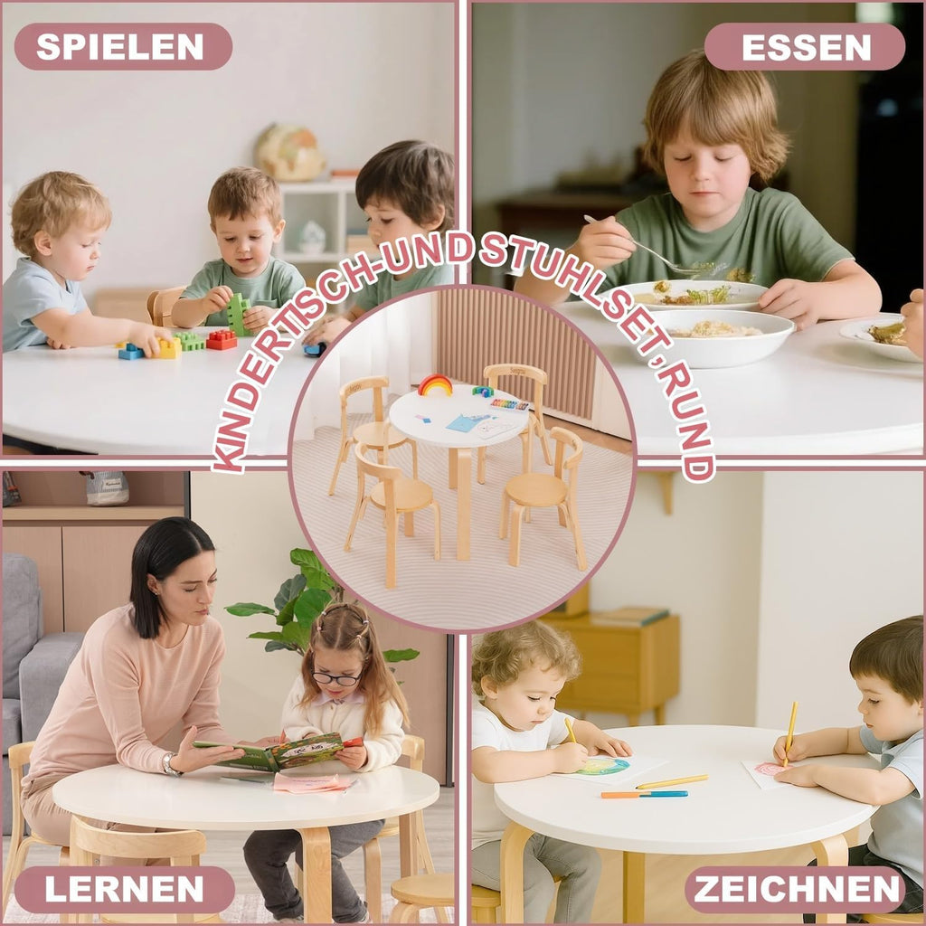Swegrow Kids Table and 4 Chairs Set, Wooden Table and Chairs for Kids & Toddler，Kid Wooden Furniture for Playroom/Home/Kindergarten