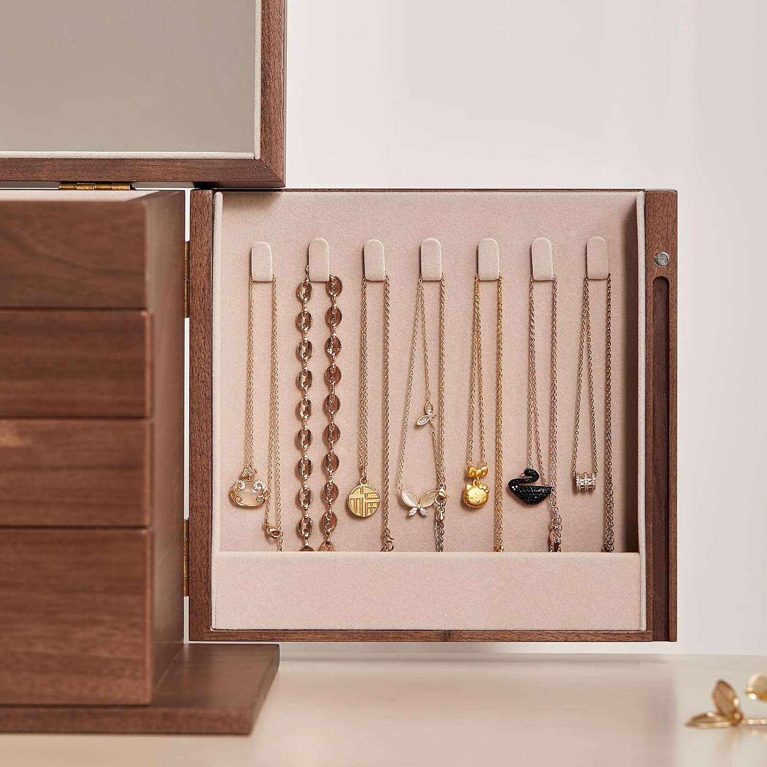 Black Walnut Wooden Jewelry Box, Wood Jewelry Organizer with 2 Side Doors Mirror Lockable Classical Style for Watch Necklace Ring Earring Storage, Ideal Gift-4 Layer
