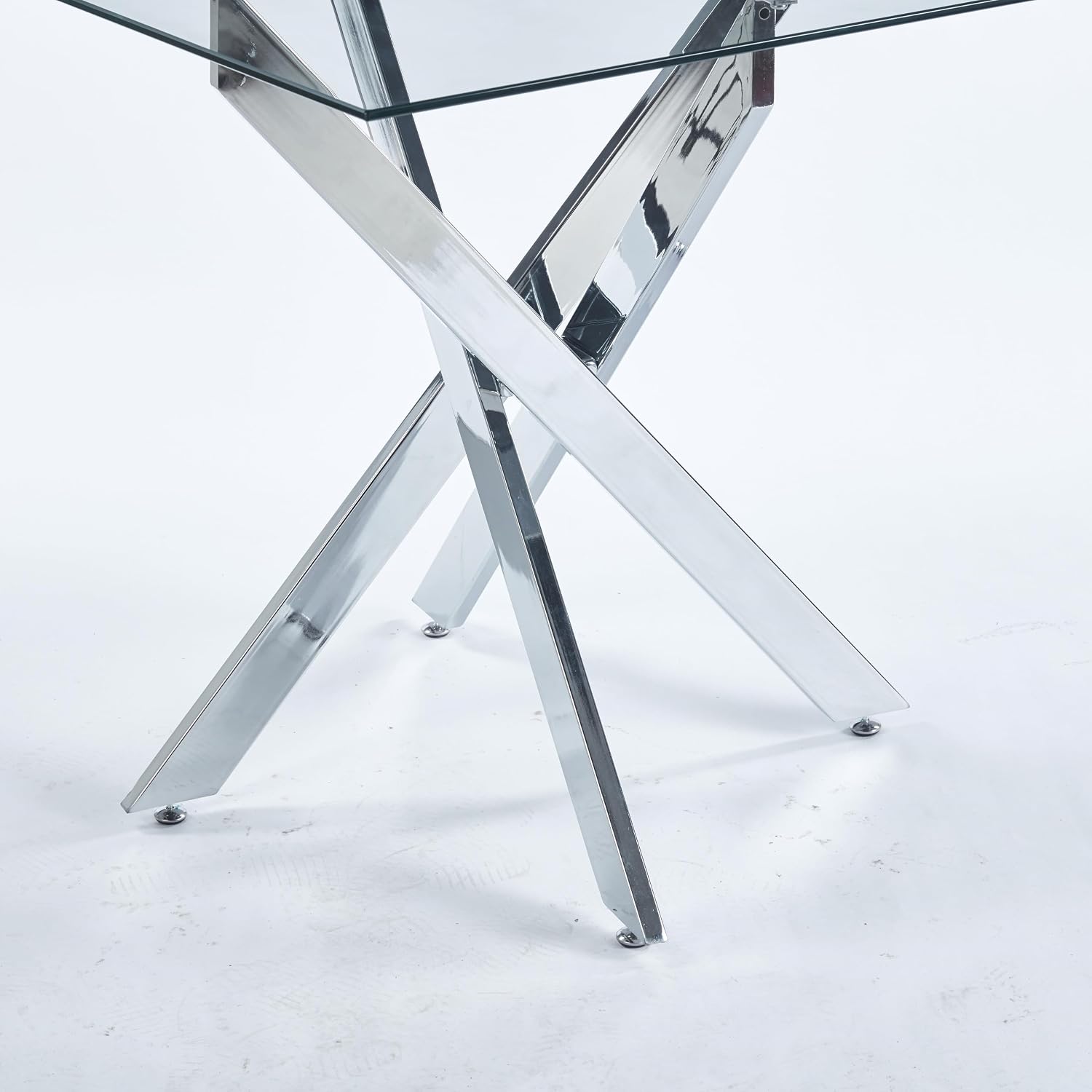 36' Square Dining Table for 4, Modern Clear Glass Kitchen Table for 4 with Silver X Metal Legs, Contemporary Small Glass Dining Room Leisure Tables for Kitchen Apartment
