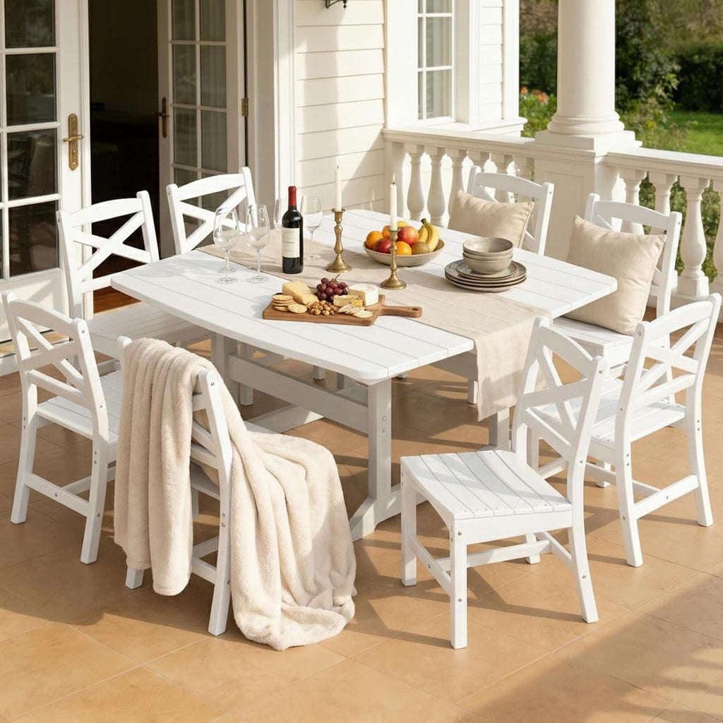 Outdoor Dining Set, HDPE 9-Piece Patio Table and Chairs Set, All-Weather Outdoor Dining Table Set for 8 with Umbrella Hole, Durable Patio Furniture Set with Chairs,White